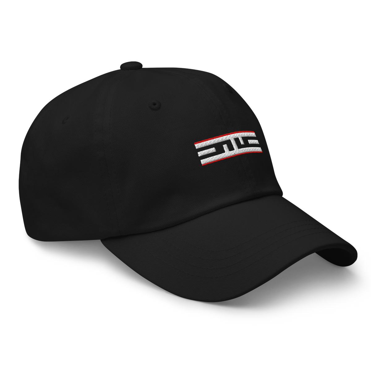 Black ELITE® Icon Dad Hat - Red Label from the front right, Red Label icon centered on the front