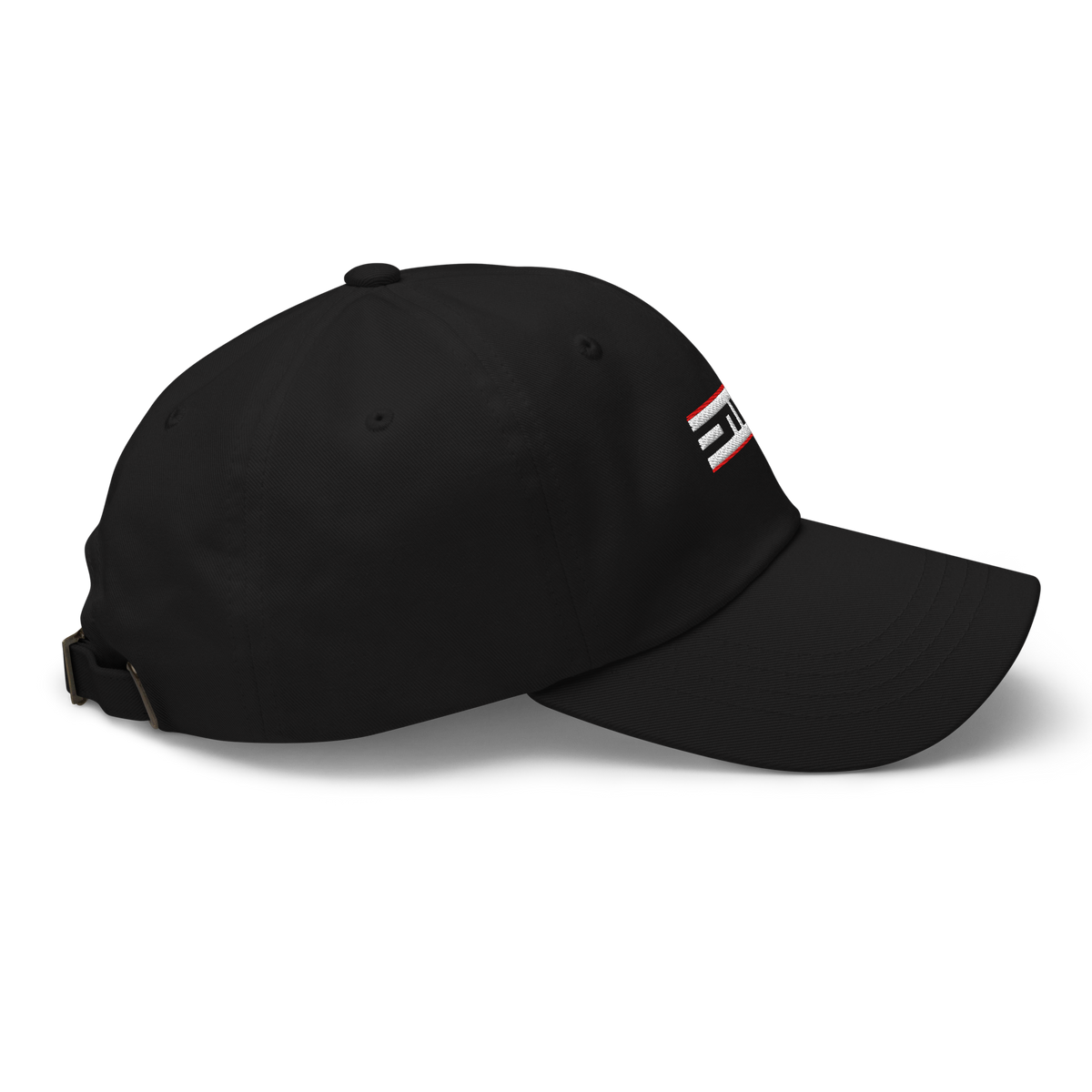 Right side of the black ELITE® Icon Dad Hat - Red Label with the embroidered Red Label icon at the front