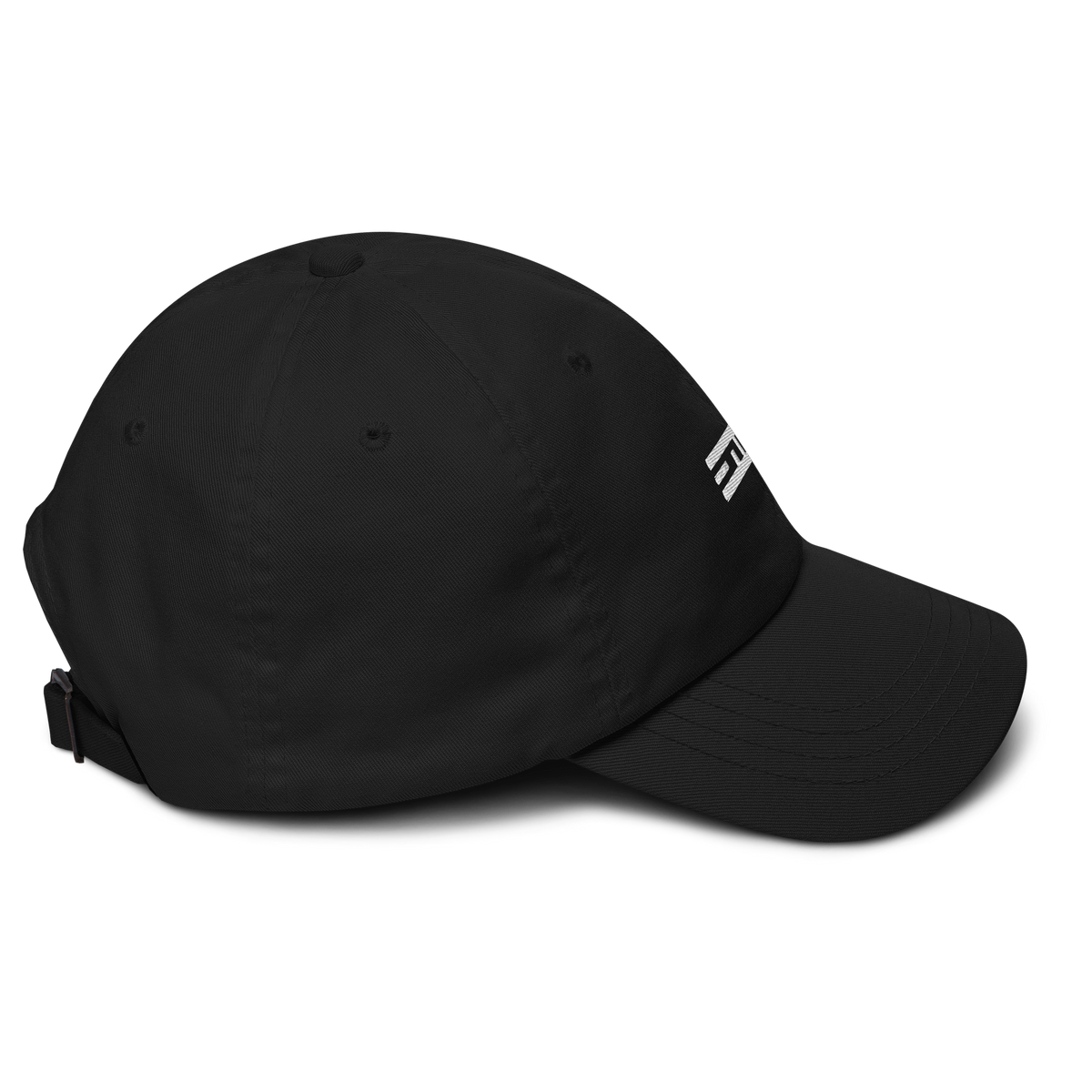 Right side of the black ELITE® Icon Dad Hat with the embroidered white ELITE® icon at the front