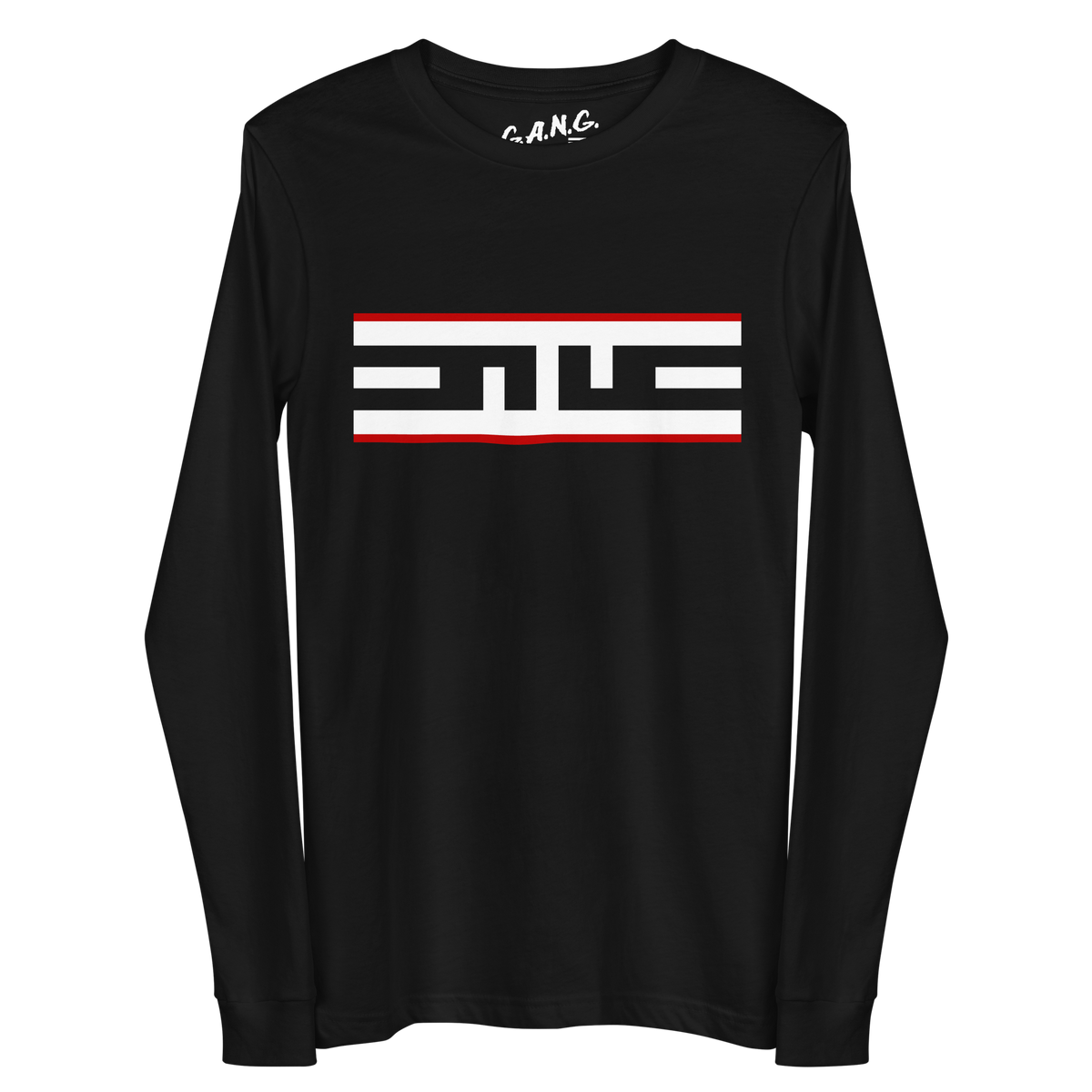 Front of the black ELITE® Icon Long Sleeve Tee, Red Label, on a ghost mannequin with the white ELITE® icon between red stripes