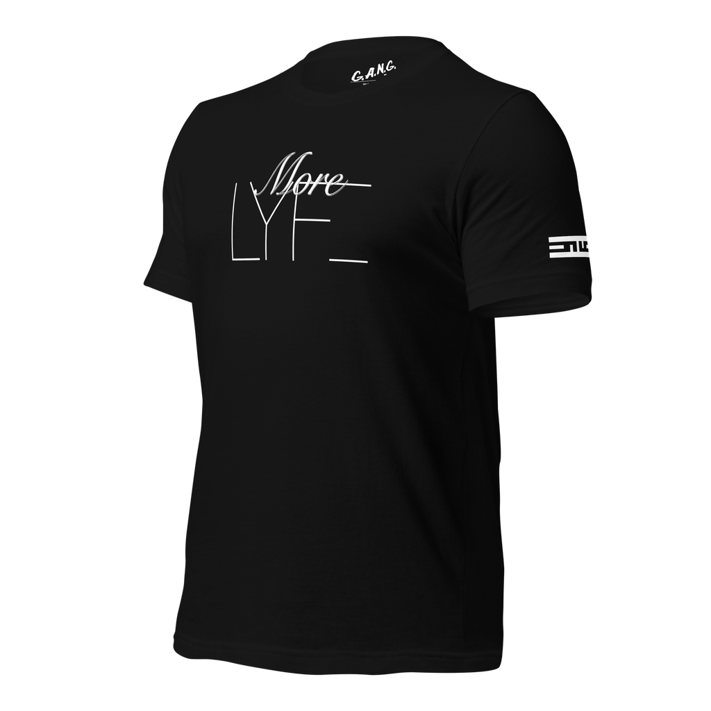 Angled front of the black More LYFE Tee showing More LYFE across the chest and the white ELITE® icon on the left sleeve