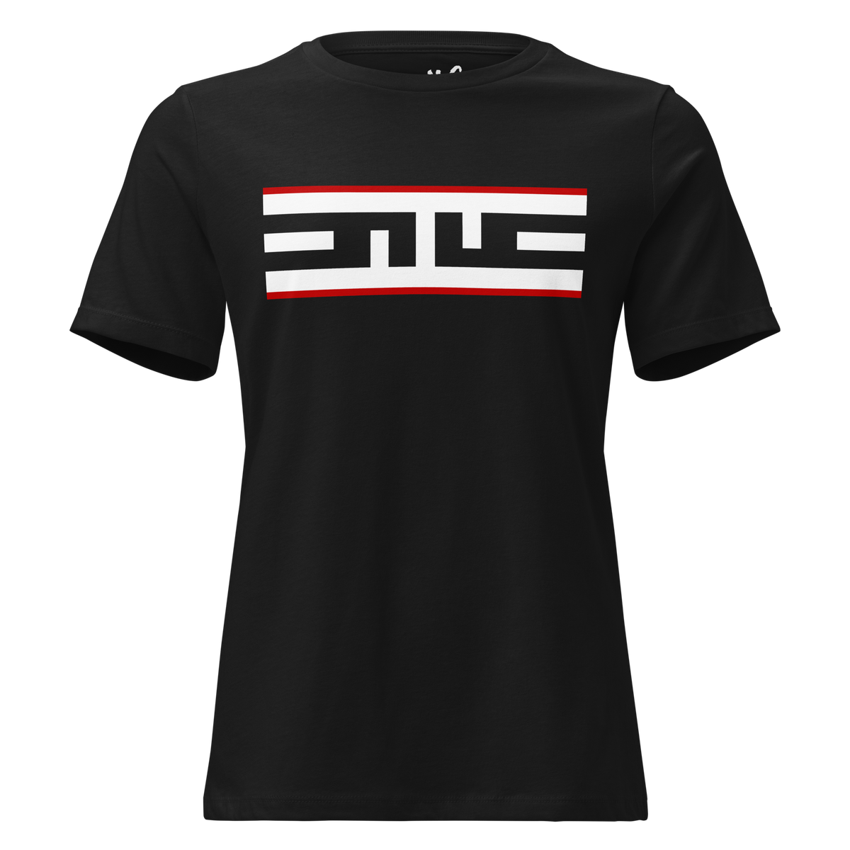 Front of the black Women's Relaxed ELITE® Icon Tee, Red Label, on a ghost mannequin with the white ELITE® icon between red stripes