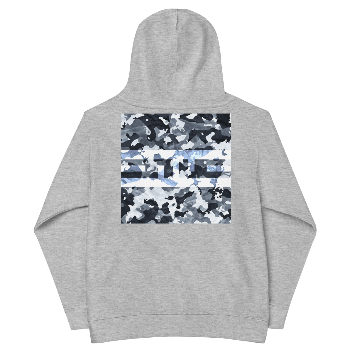 Back of the athletic heather ELITE® Camo Block Youth Hoodie - Snow with a large Snow camo block