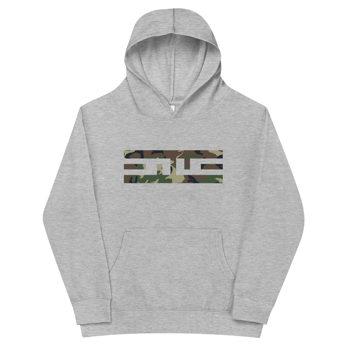 Front of the athletic heather ELITE® Camo Block Youth Hoodie - Swamp with the ELITE® icon in Swamp camo across the chest