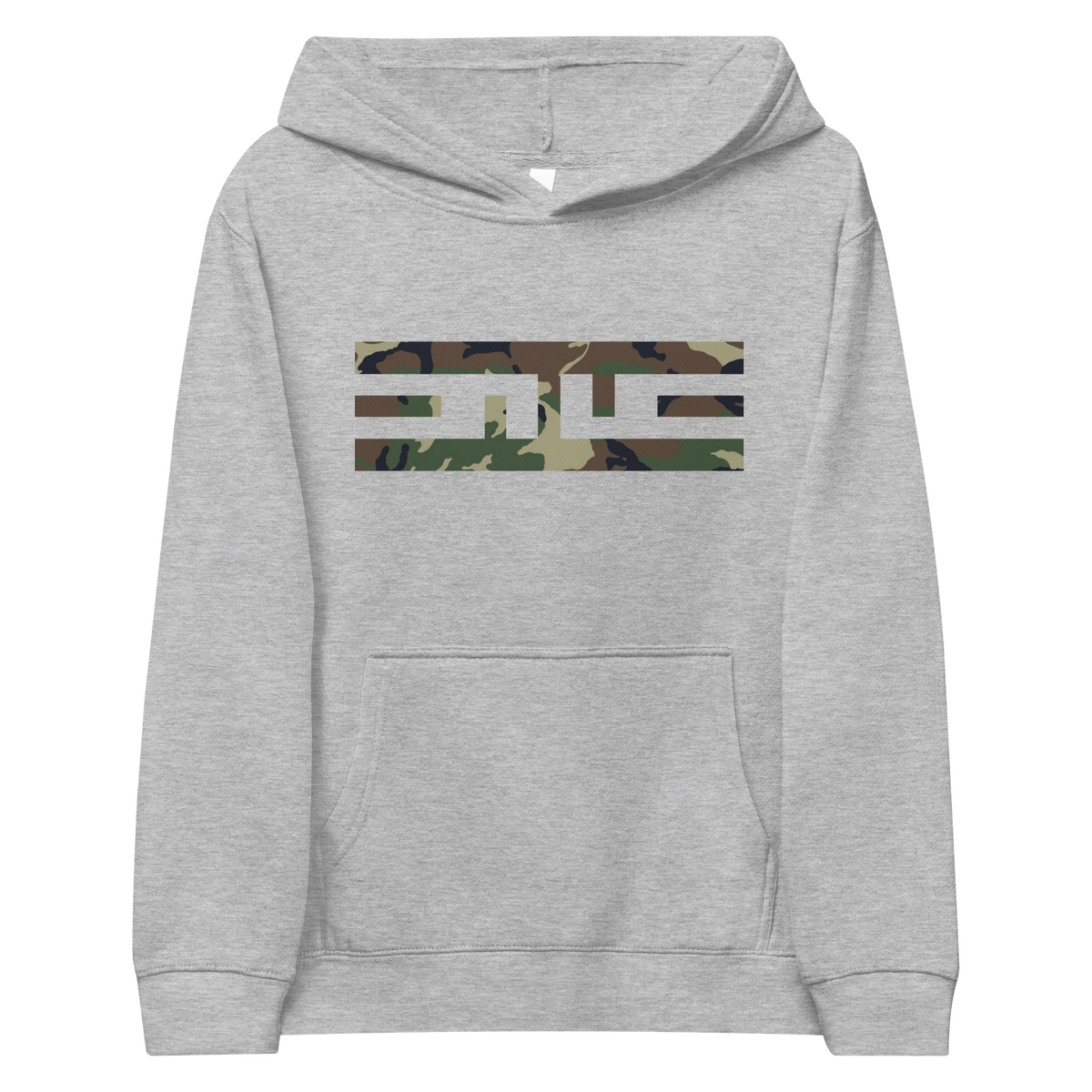 Front of the athletic heather ELITE® Camo Block Youth Hoodie - Swamp with the ELITE® icon in Swamp camo across the chest