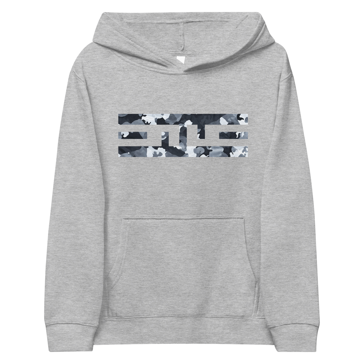 Front of the athletic heather ELITE® Camo Block Youth Hoodie - Snow with the ELITE® icon in Snow camo across the chest