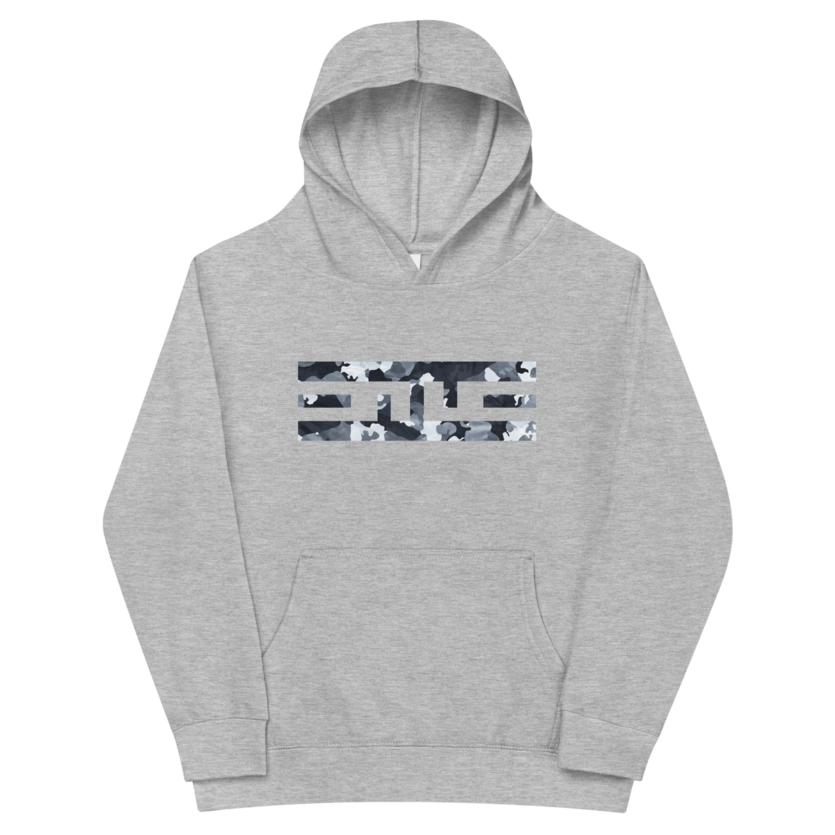 Front of the athletic heather ELITE® Camo Block Youth Hoodie - Snow with the ELITE® icon in Snow camo across the chest