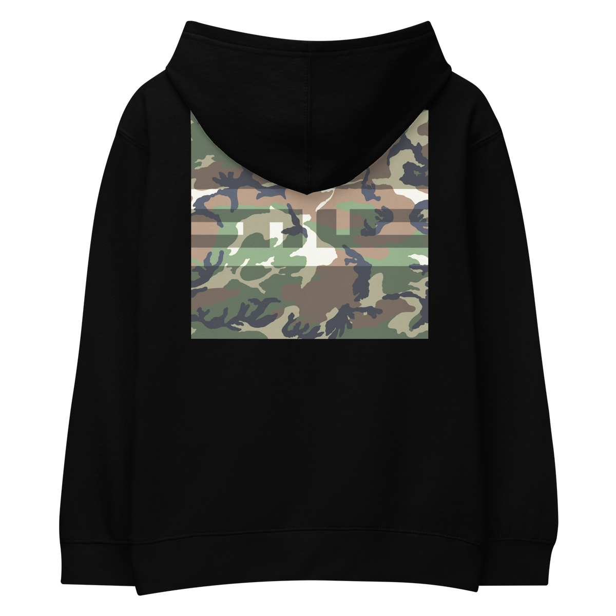 Back of the black ELITE® Camo Block Youth Hoodie - Swamp with a large Swamp camo block