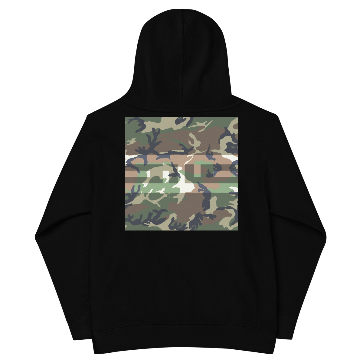 Back of the black ELITE® Camo Block Youth Hoodie - Swamp with a large Swamp camo block