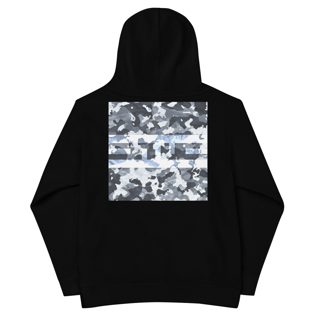 Back of the black ELITE® Camo Block Youth Hoodie - Snow with a large Snow camo block