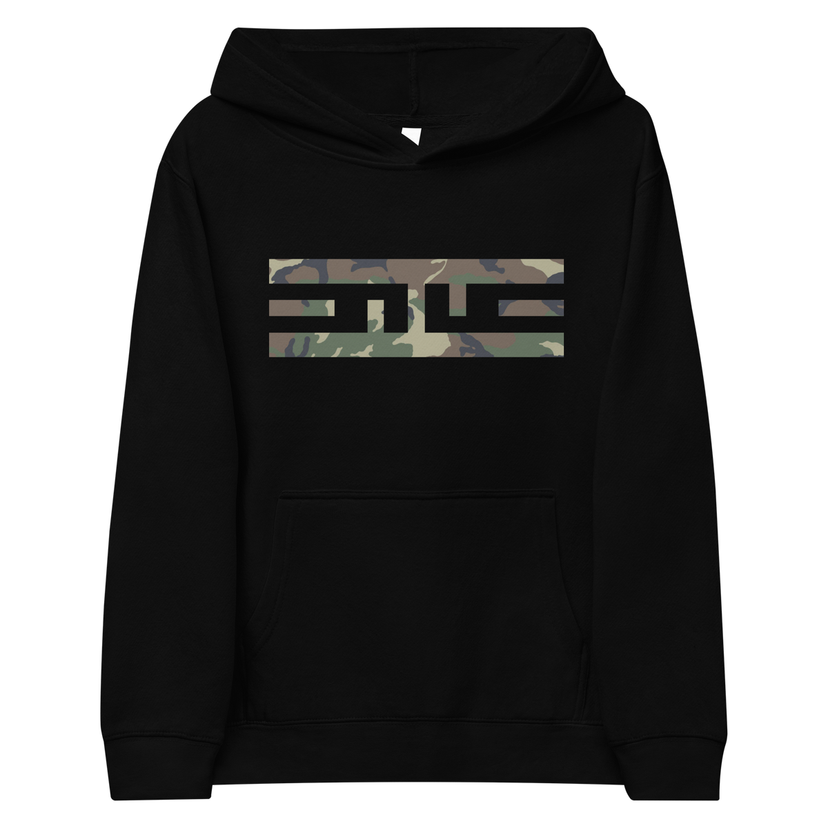 Front of the black ELITE® Camo Block Youth Hoodie - Swamp with the ELITE® icon in Swamp camo across the chest
