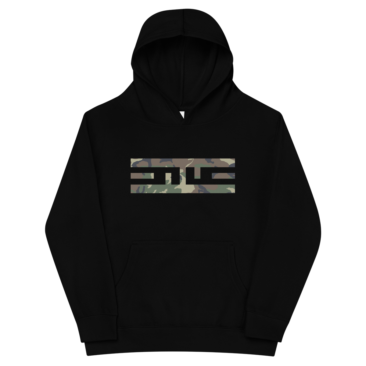 Front of the black ELITE® Camo Block Youth Hoodie - Swamp with the ELITE® icon in Swamp camo across the chest