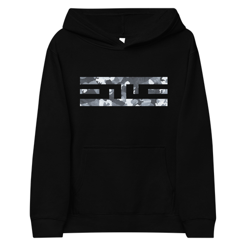 Front of the black ELITE® Camo Block Youth Hoodie - Snow with the ELITE® icon in Snow camo across the chest