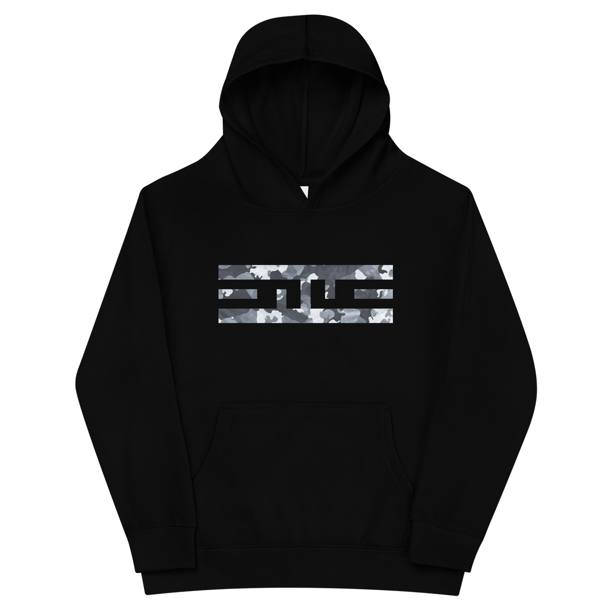 Front of the black ELITE® Camo Block Youth Hoodie - Snow with the ELITE® icon in Snow camo across the chest