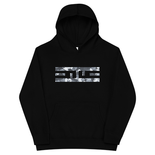 Front of the black ELITE® Camo Block Youth Hoodie - Snow with the ELITE® icon in Snow camo across the chest