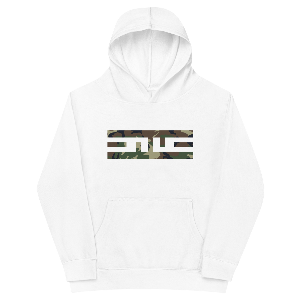 Front of the white ELITE® Camo Block Youth Hoodie - Swamp with the ELITE® icon in Swamp camo across the chest
