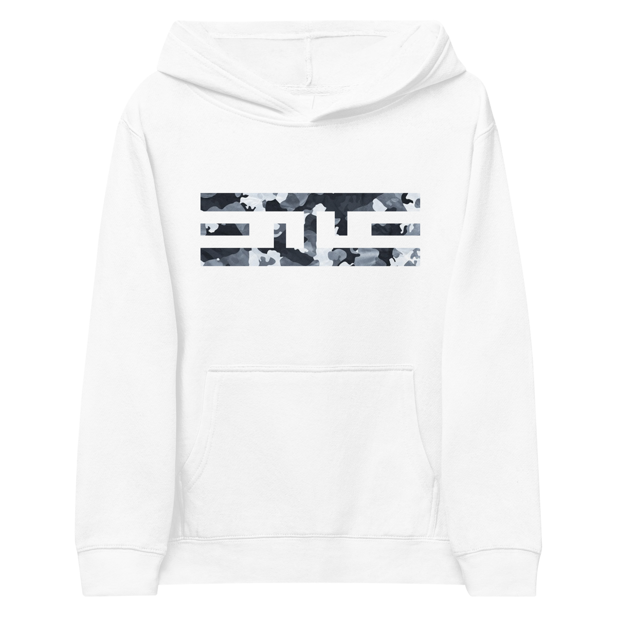 Front of the white ELITE® Camo Block Youth Hoodie - Snow with the ELITE® icon in Snow camo across the chest