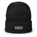 ELITE® Icon Embroidered Beanie - Red Label in black, front view, white ELITE® icon with red stripes embroidered on the cuff