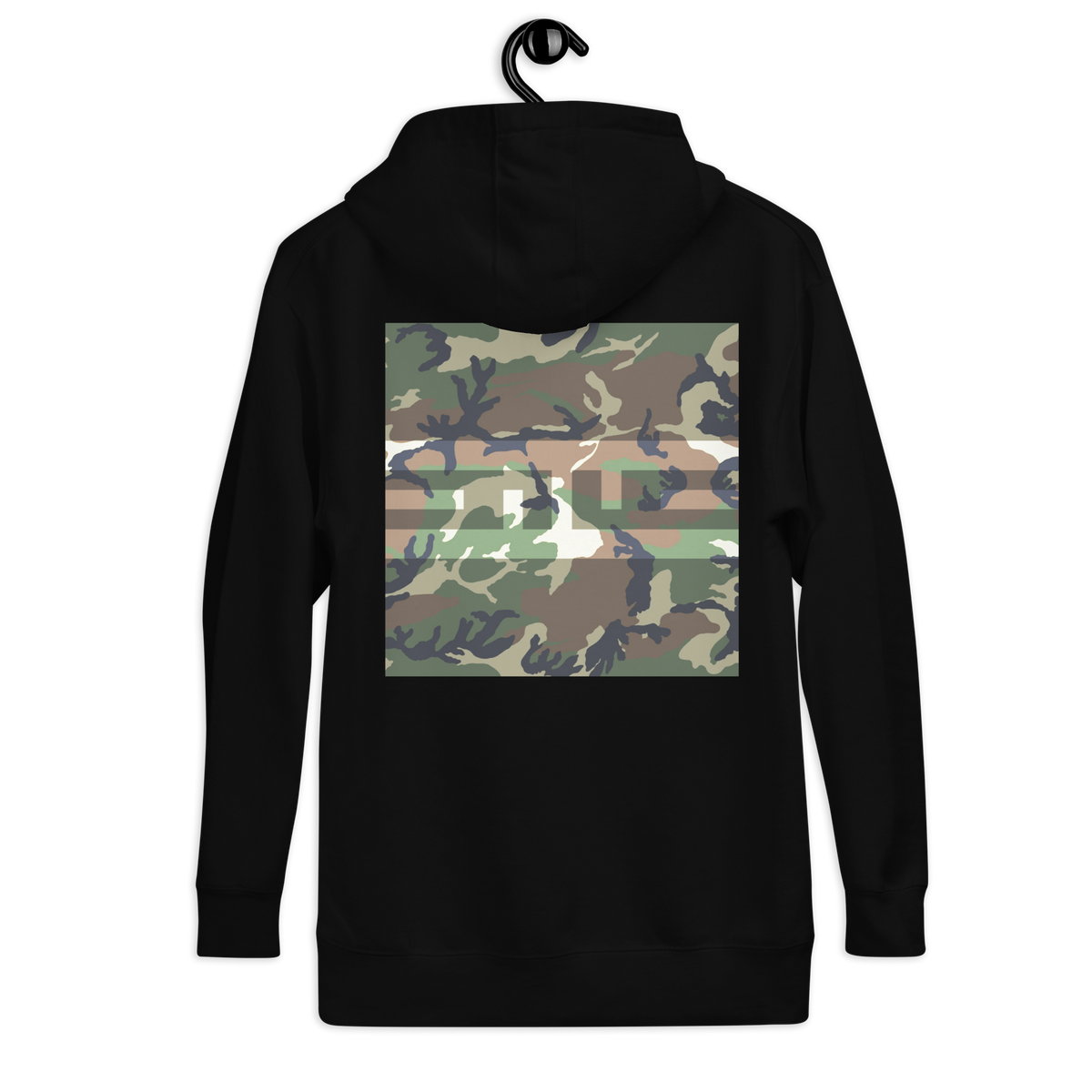 Back of the black hoodie with a large woodland camo print, on a hanger