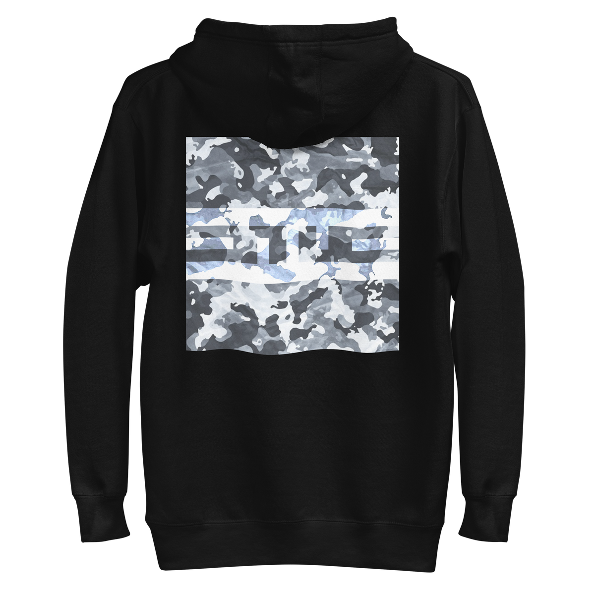 Back of the black hoodie with a large square snow camo print and the ELITE® icon