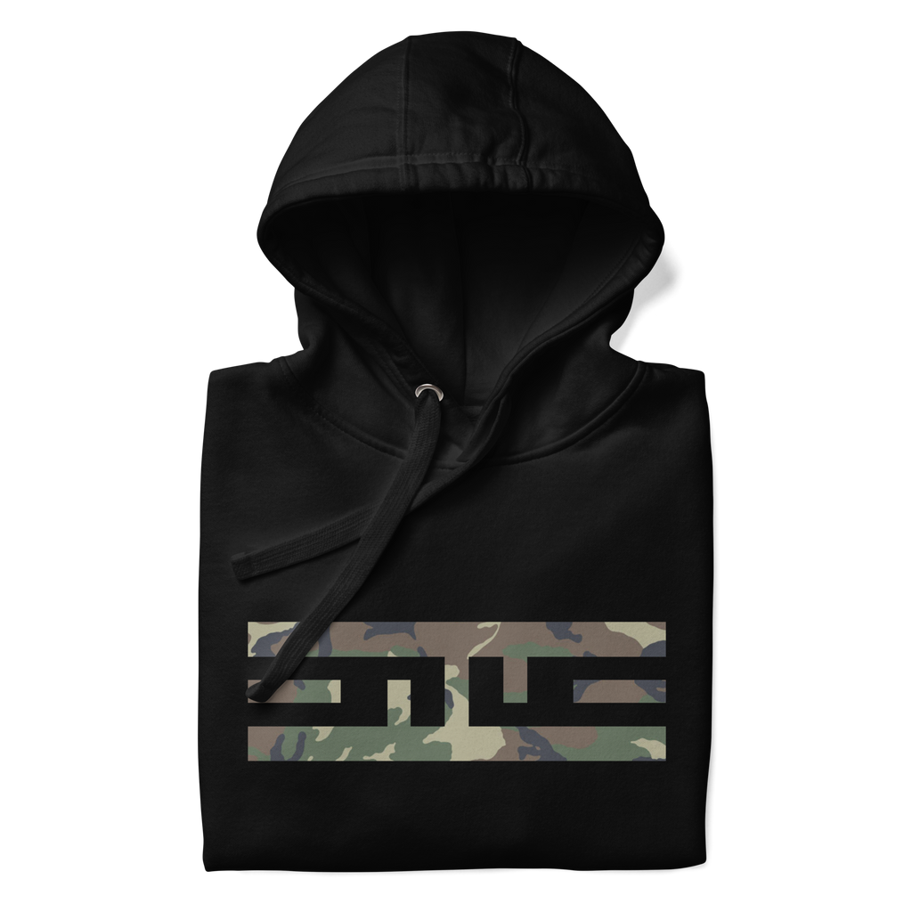 Black hoodie folded to show the woodland camo ELITE® icon