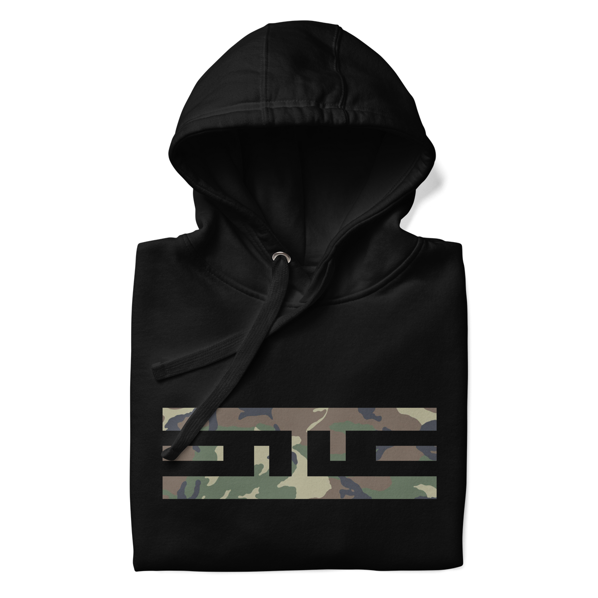 Black hoodie folded to show the woodland camo ELITE® icon