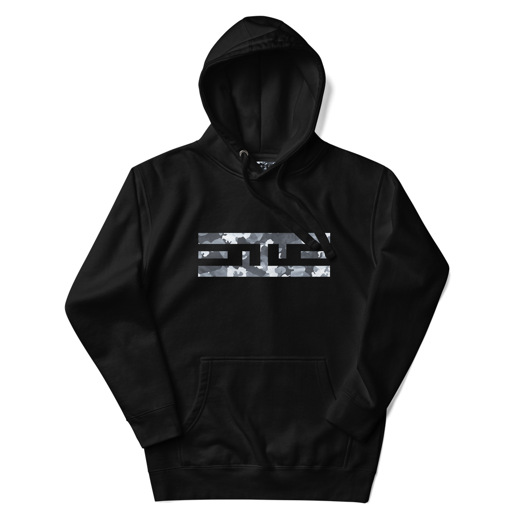 Black hoodie with the ELITE® icon filled in snow camo on the chest