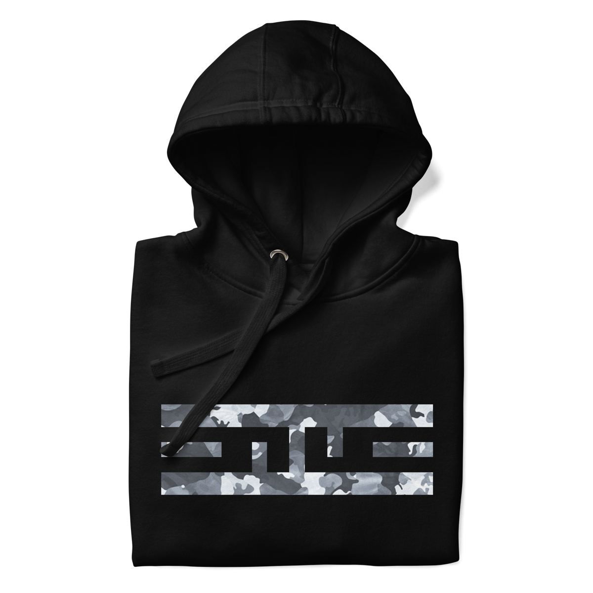 Black hoodie folded to show the snow camo ELITE® icon