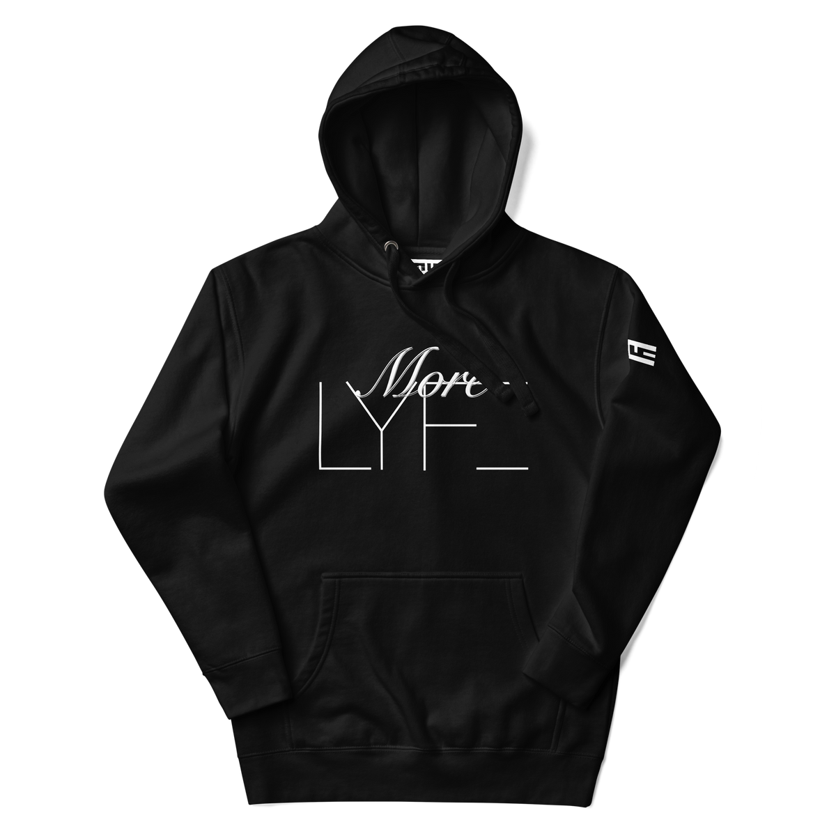 Front of the black More LYFE Hoodie with More LYFE across the chest and the ELITE® icon on the sleeve