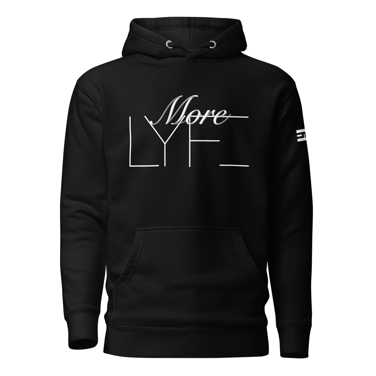 Black More LYFE Hoodie laid flat, More LYFE across the chest and the ELITE® icon on the sleeve