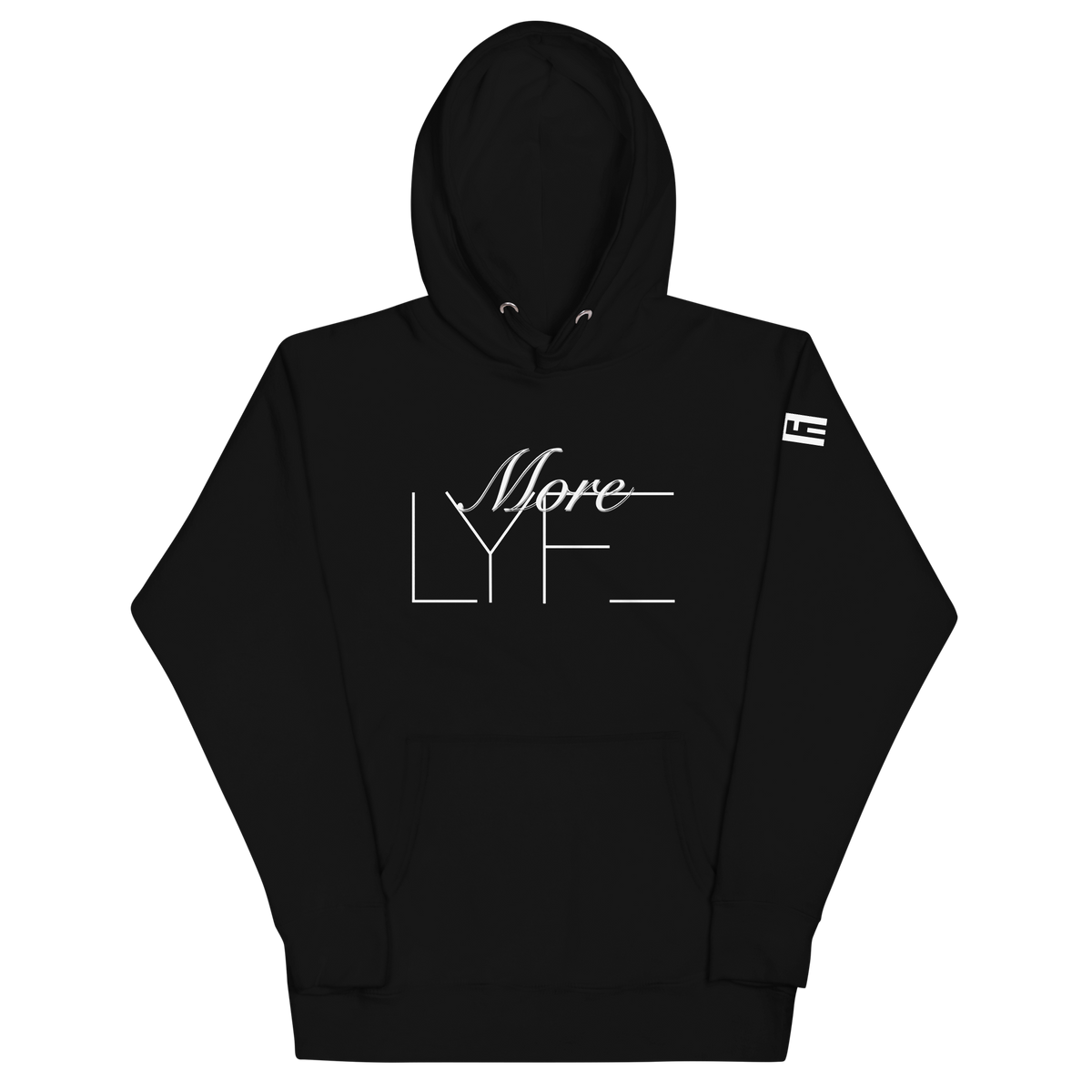 Black More LYFE Hoodie, front view with More LYFE across the chest and the ELITE® icon on the sleeve
