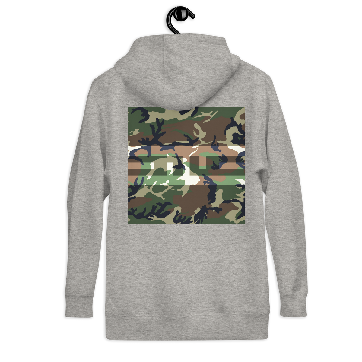 Back of the carbon grey hoodie with a large woodland camo print, on a hanger
