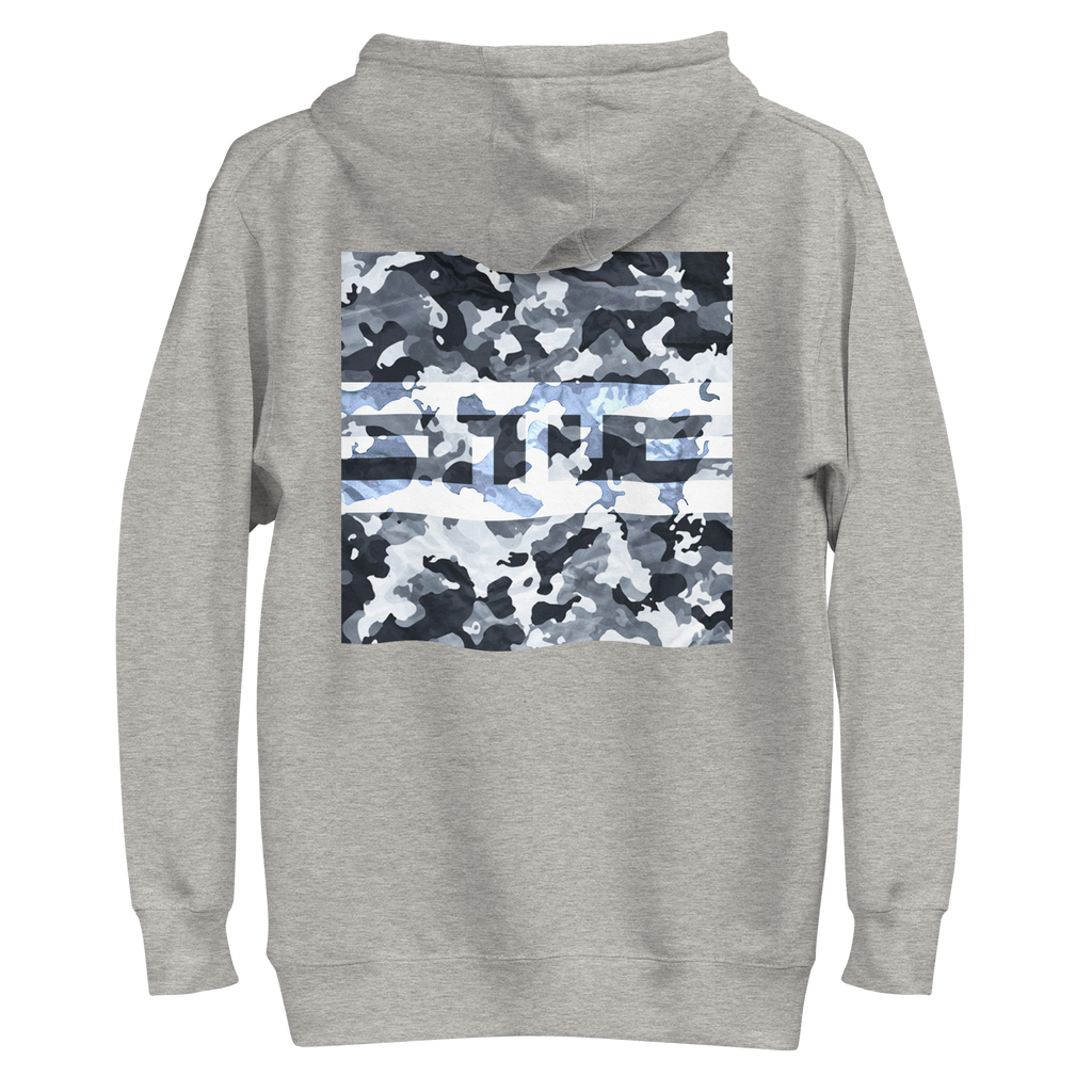 Back of the carbon grey hoodie with a large square snow camo print and the ELITE® icon