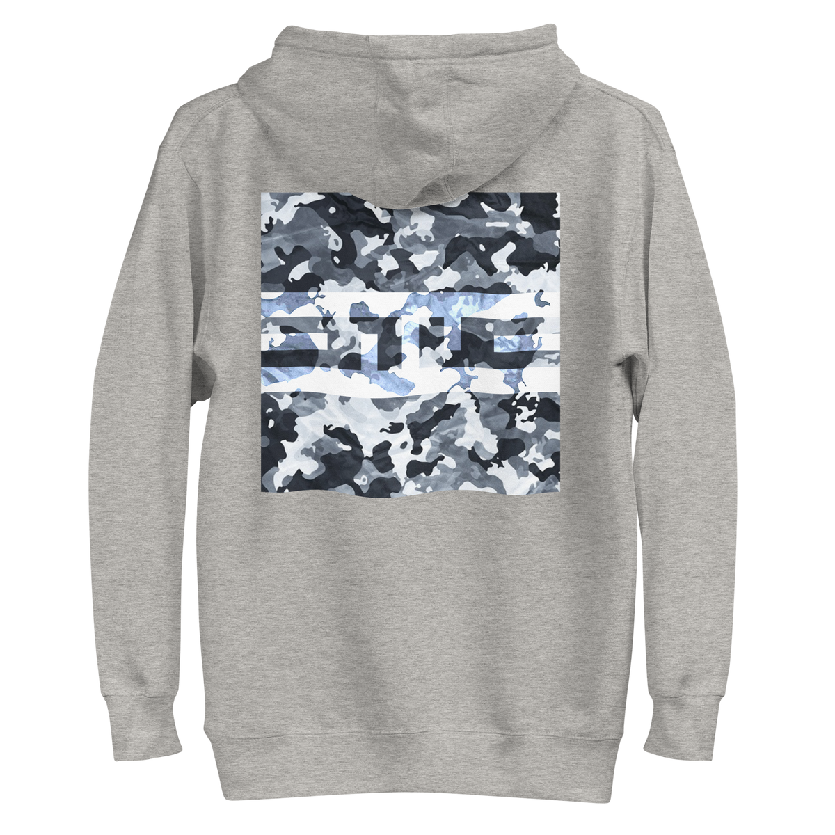 Back of the carbon grey hoodie with a large square snow camo print and the ELITE® icon
