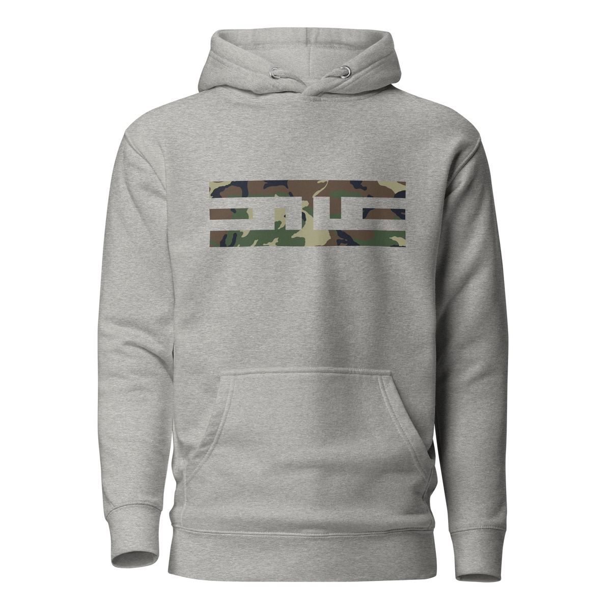 Carbon grey hoodie with the ELITE® icon filled in woodland camo on the chest
