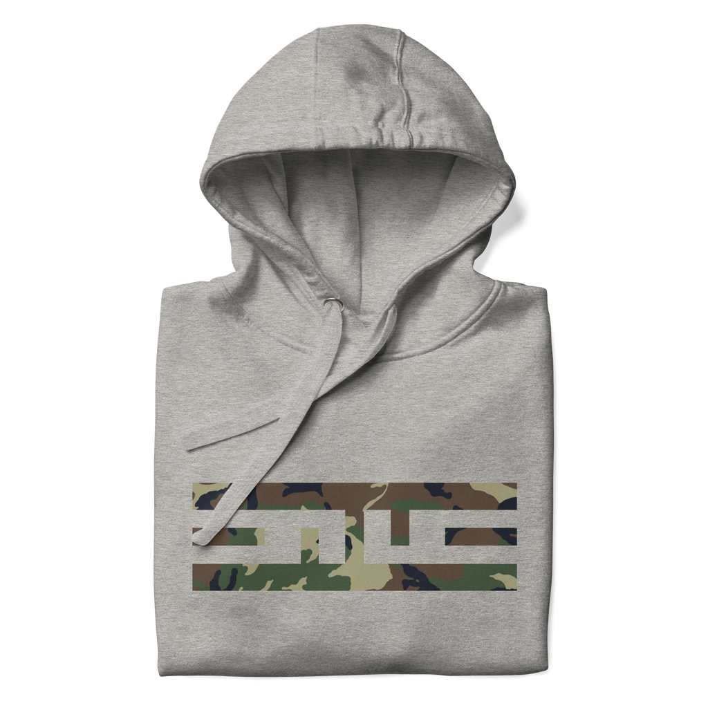 Carbon grey hoodie folded to show the woodland camo ELITE® icon