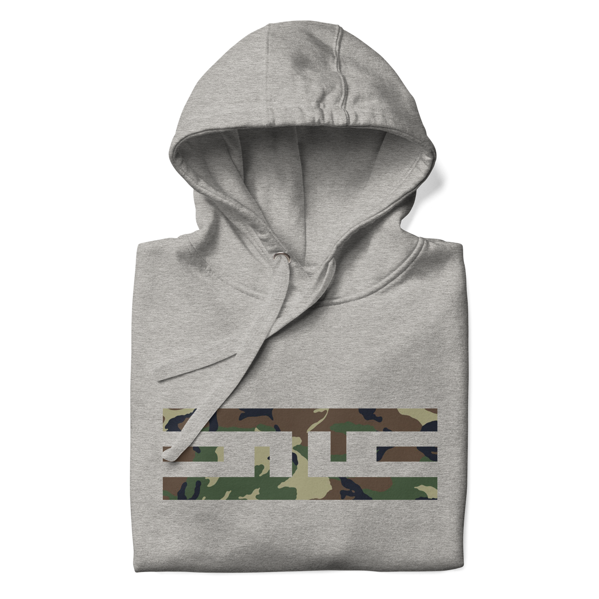 Carbon grey hoodie folded to show the woodland camo ELITE® icon
