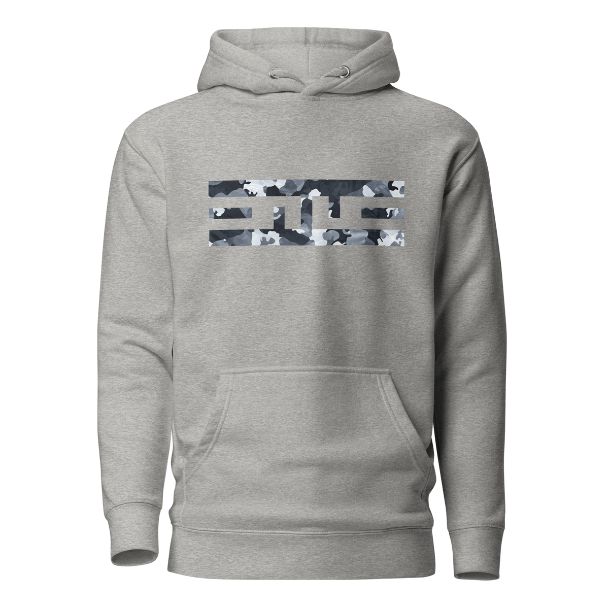 Carbon grey hoodie with the ELITE® icon filled in snow camo on the chest