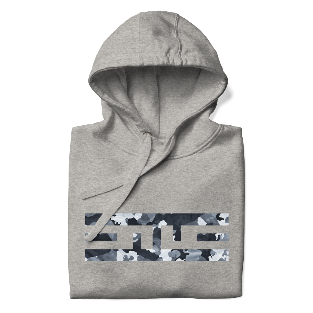 Carbon grey hoodie folded to show the snow camo ELITE® icon