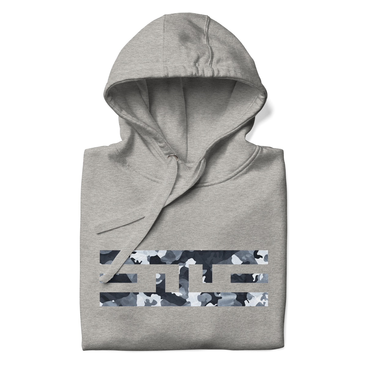 Carbon grey hoodie folded to show the snow camo ELITE® icon