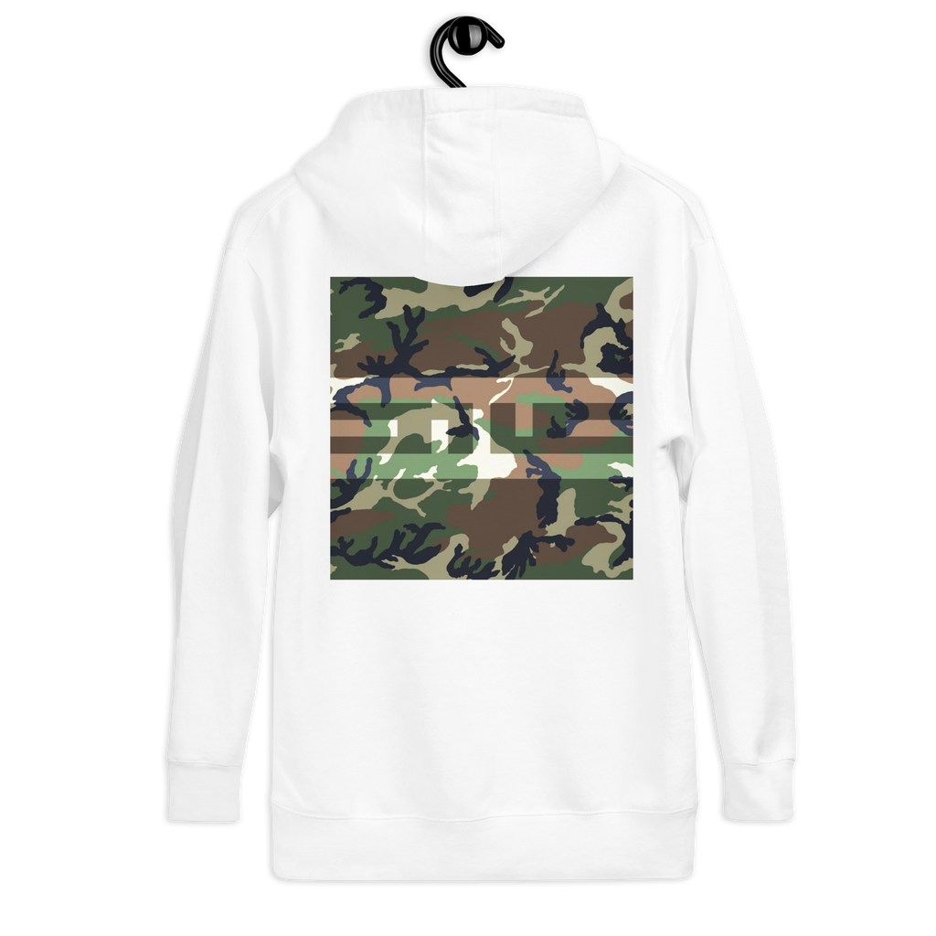 Back of the white hoodie with a large woodland camo print, on a hanger
