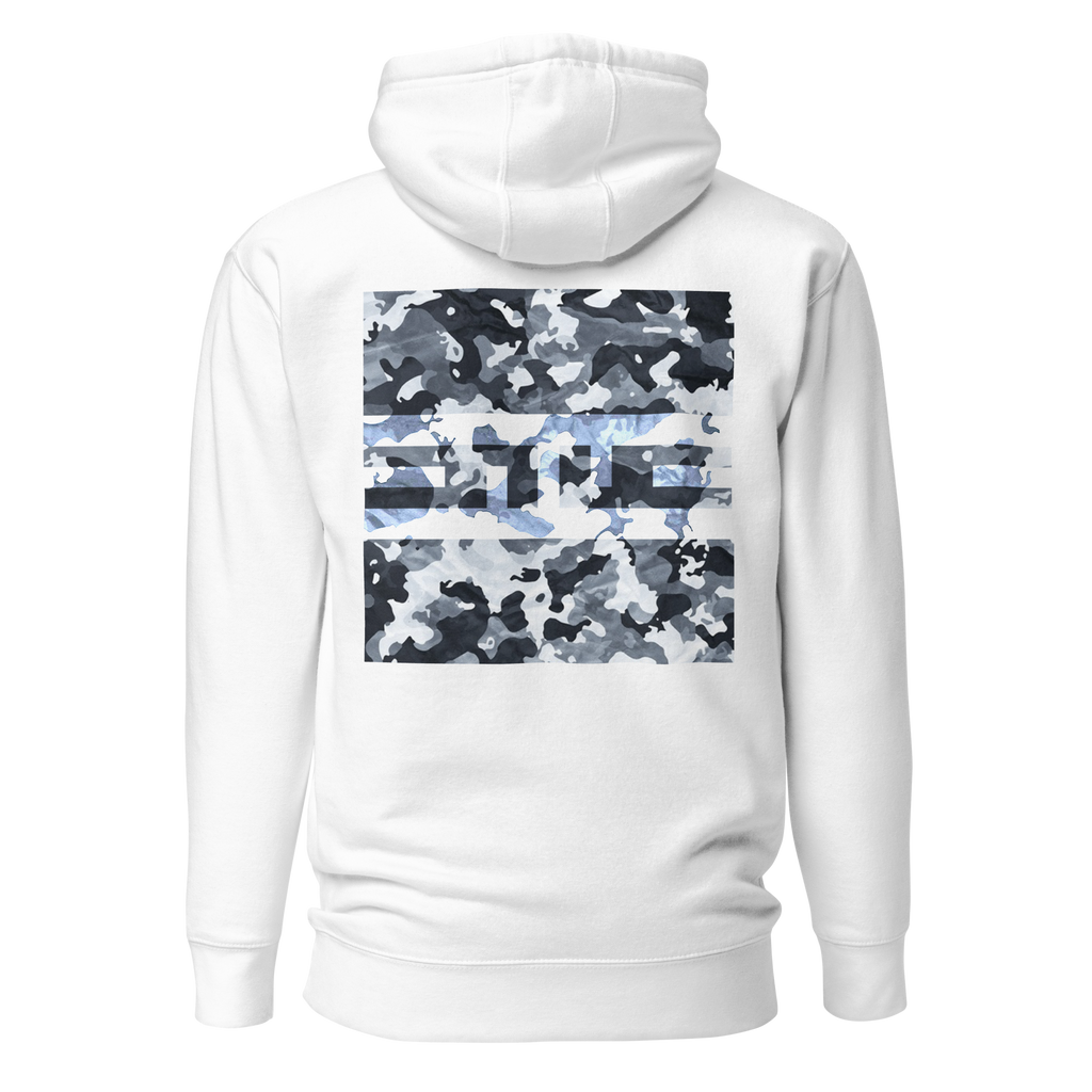 Back of the white hoodie with a large square snow camo print and the ELITE® icon