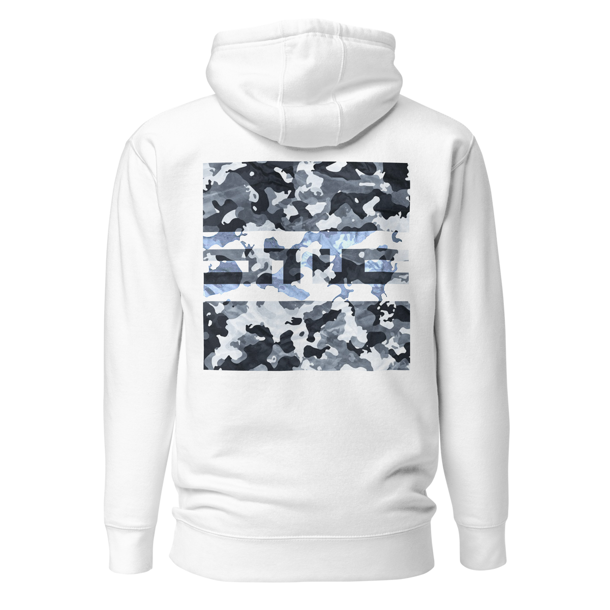 Back of the white hoodie with a large square snow camo print and the ELITE® icon