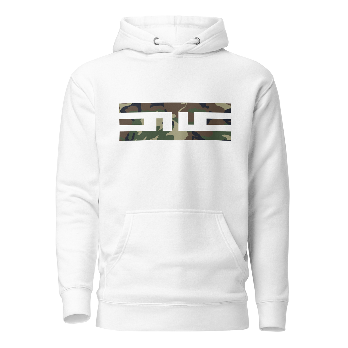White hoodie with the ELITE® icon filled in woodland camo on the chest