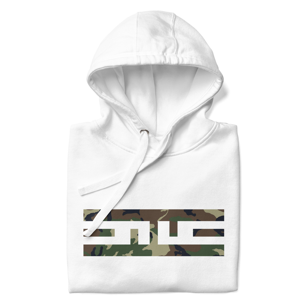 White hoodie folded to show the woodland camo ELITE® icon