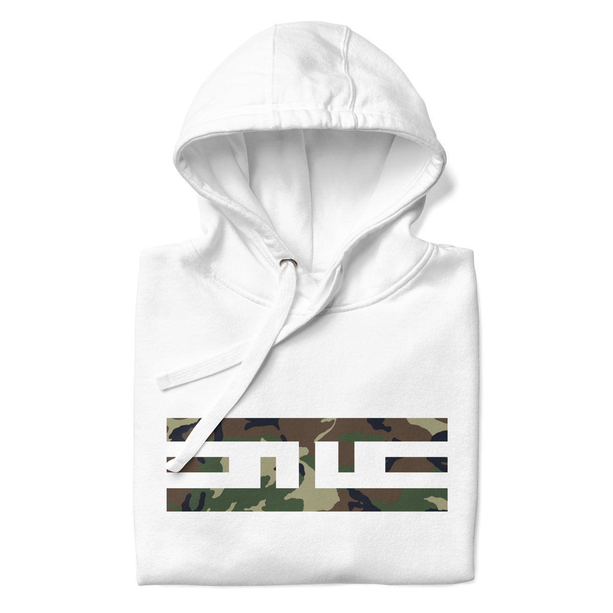 White hoodie folded to show the woodland camo ELITE® icon