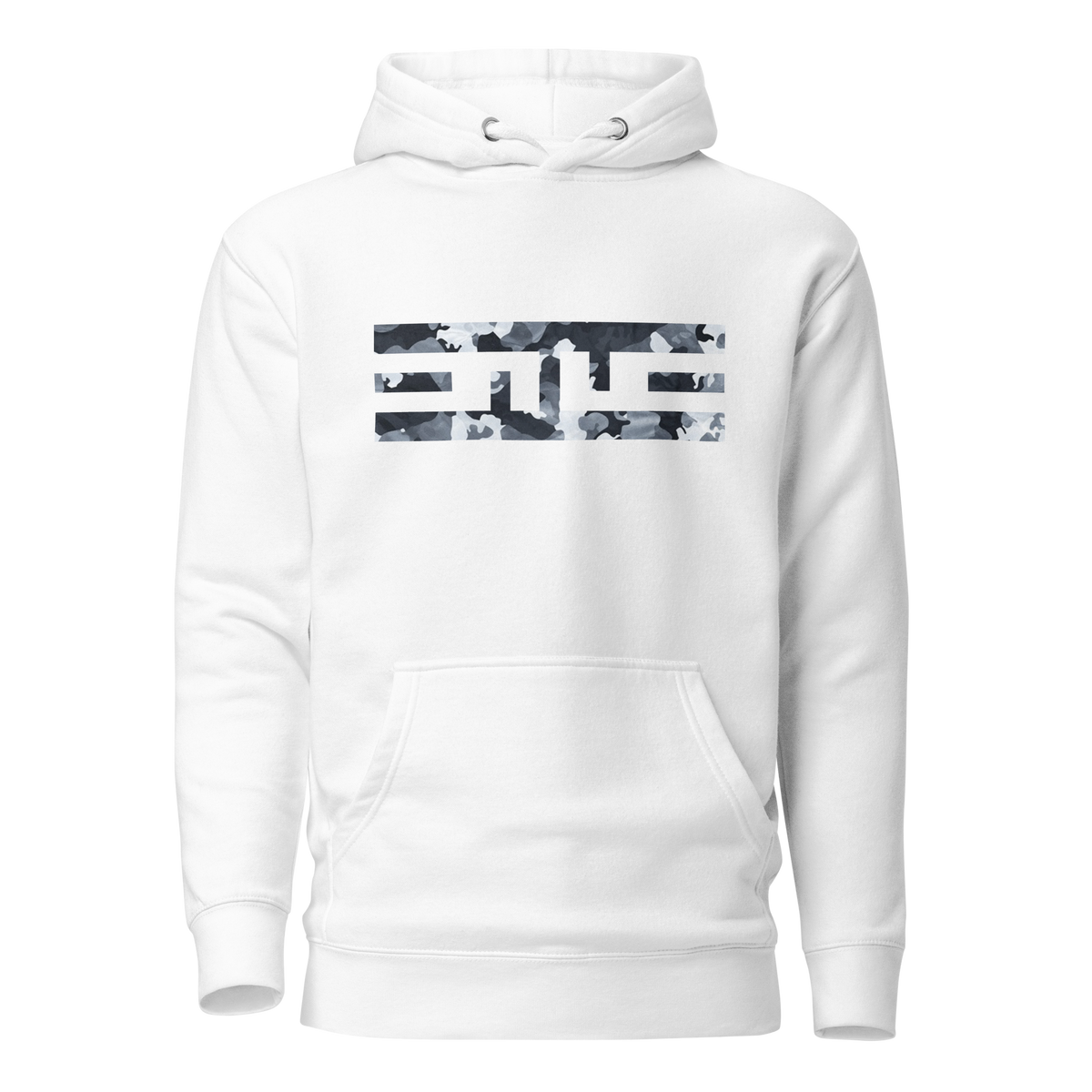 White hoodie with the ELITE® icon filled in snow camo on the chest