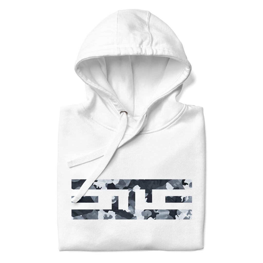 White hoodie folded to show the snow camo ELITE® icon