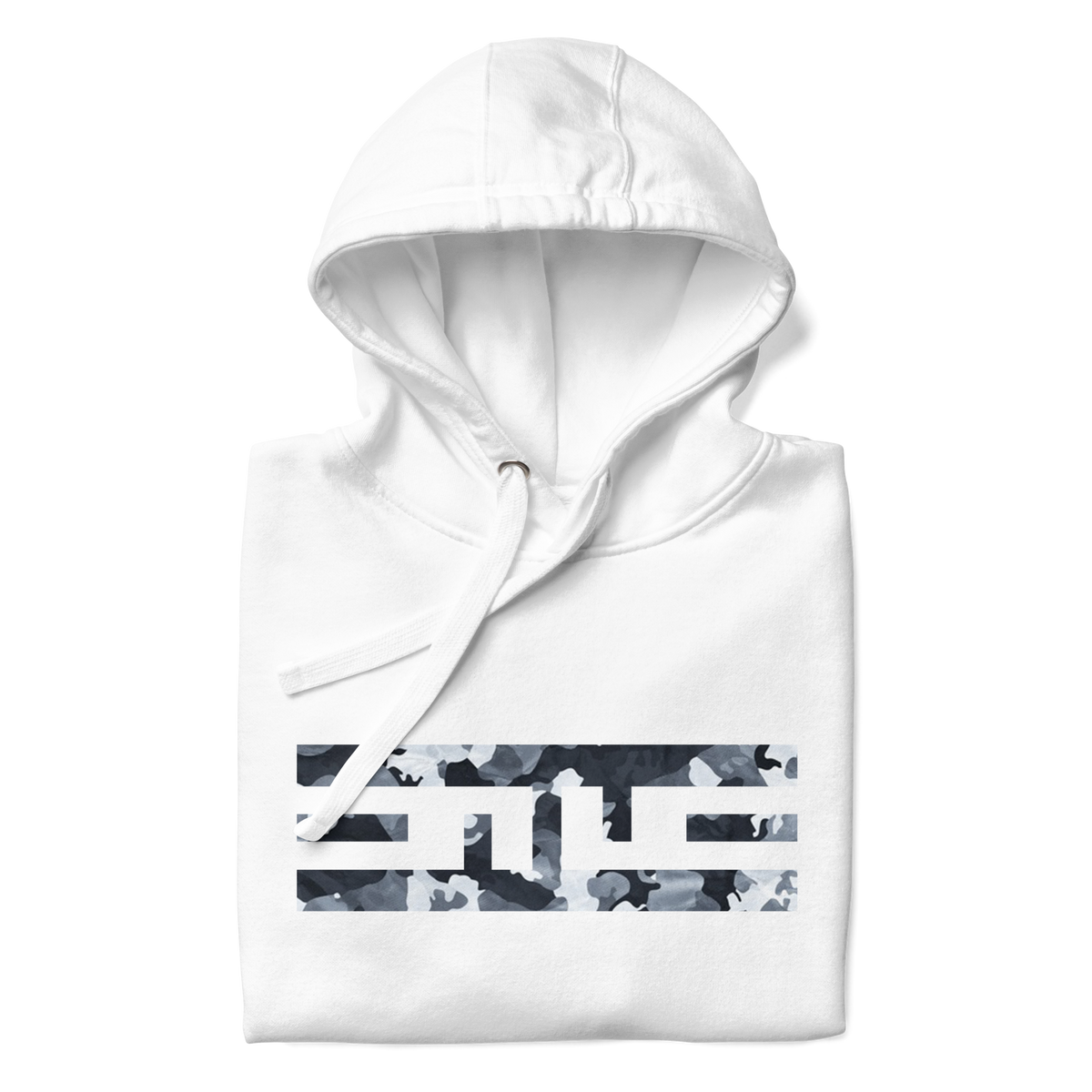 White hoodie folded to show the snow camo ELITE® icon