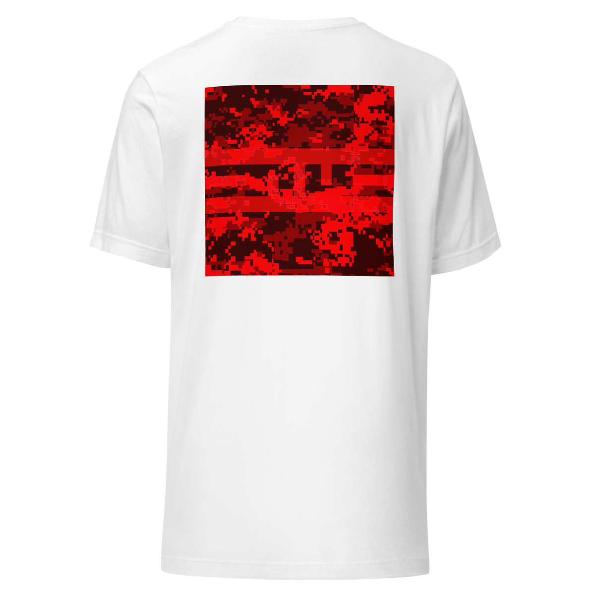 ELITE® Icon Camo Block Tee - Fury in White, back, large square of red and black camo with the ELITE logo inside